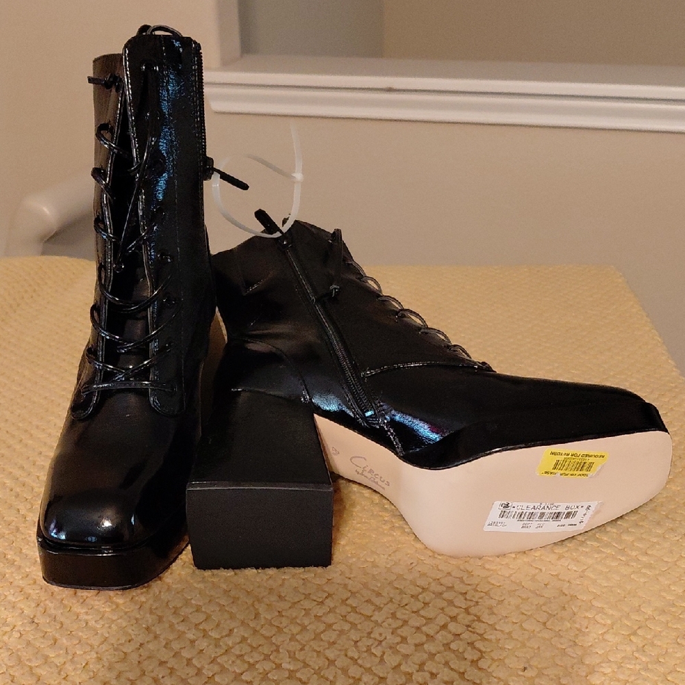 Circus by Sam Edelman Black Patent Lace-Up Block Heel Boots